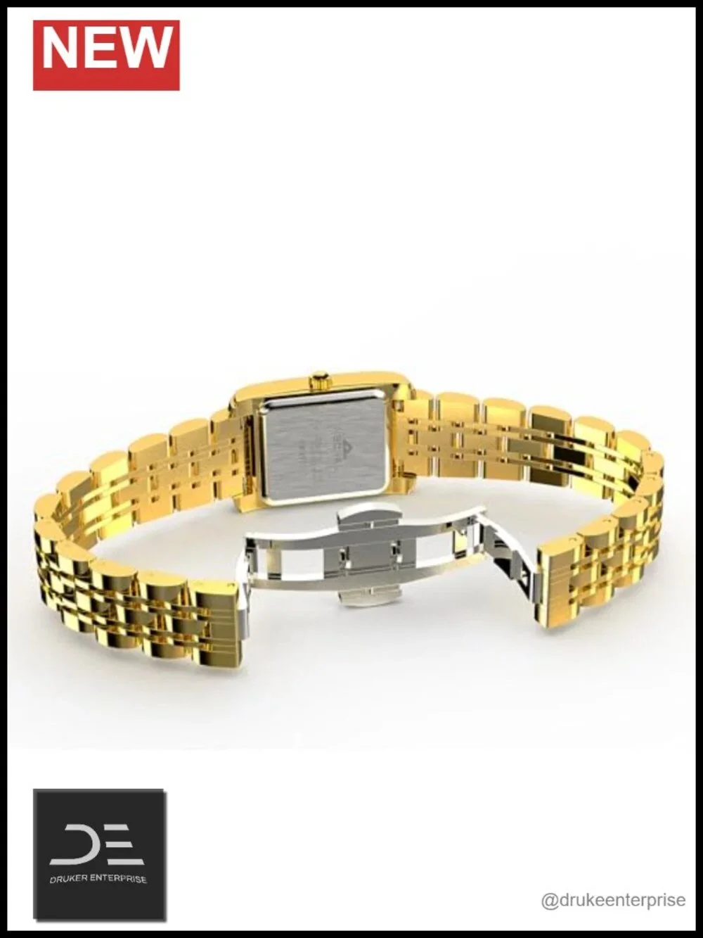 Vintage Rectangle Wrist Watch with Roman Dial, Quartz Movement, Gold Stainless